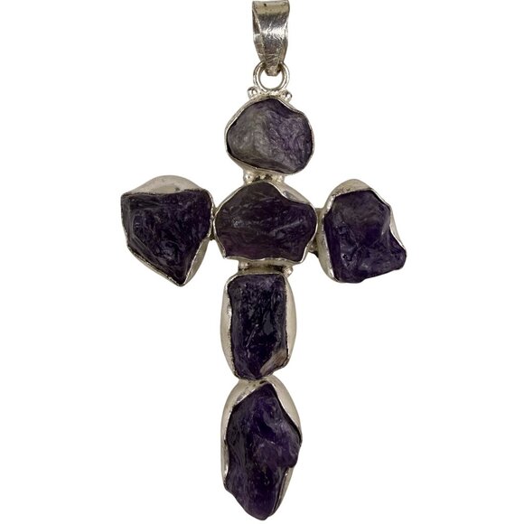 Amethyst & Silver Tone Unisex Purple Stone Cross Pendant Jewelry - Picture 1 of 4